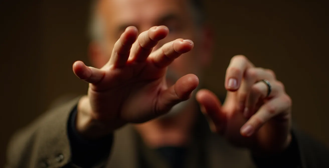 Gros plan sur les mains expressives d'un acteur en mouvement