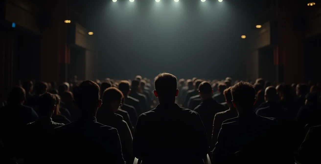 Vue depuis la scène montrant les silhouettes du public dans l'obscurité