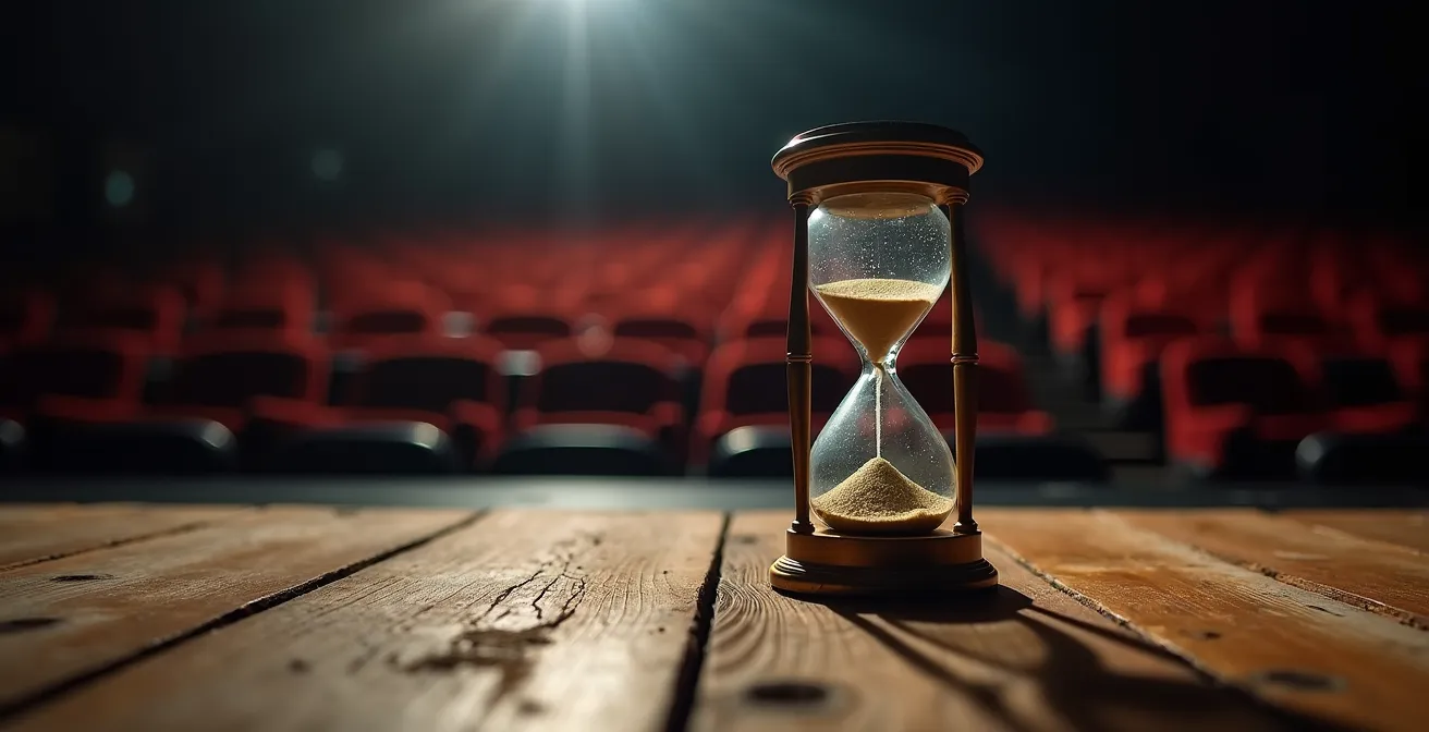 Un sablier sur une scène de théâtre éclairée dramatiquement