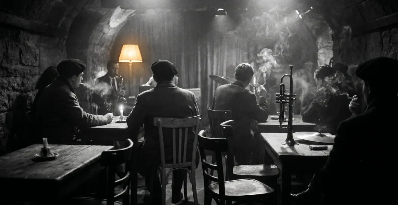 Ambiance de cave à jazz des années 1950 à Saint-Germain-des-Prés, évoquant l'univers de Boris Vian