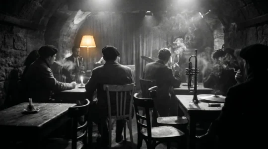 Ambiance de cave à jazz des années 1950 à Saint-Germain-des-Prés, évoquant l'univers de Boris Vian
