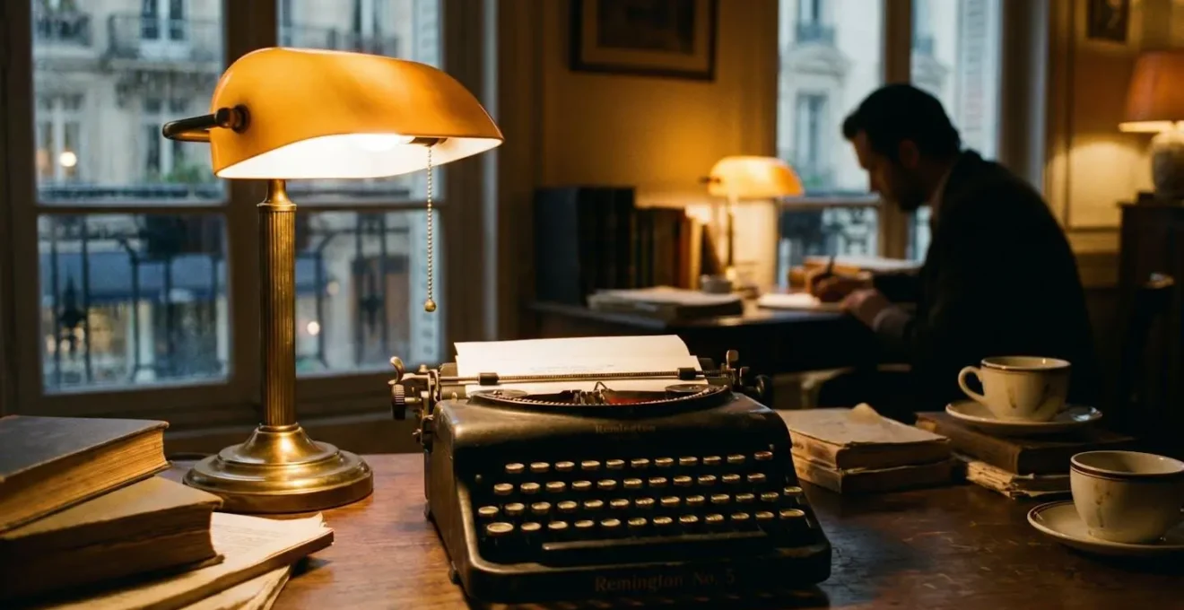 Silhouette d'un écrivain travaillant de nuit à la lumière d'une lampe de bureau, machine à écrire vintage, ambiance bohème parisienne